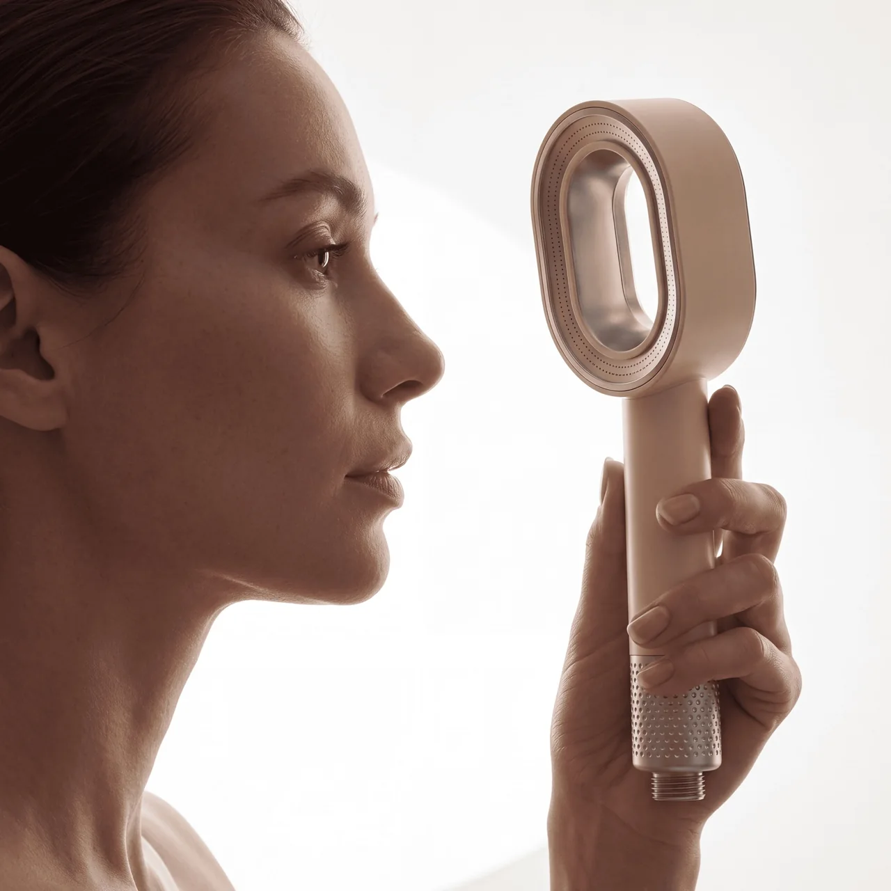 Generated profile portrait with a champagne-colour filtered shower head held in front of the model.