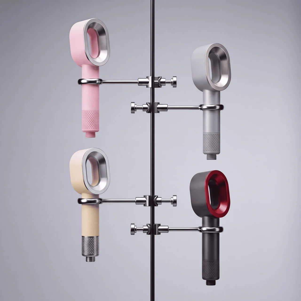 Generated studio composition showing four filtered shower-head colourways held on metal clamps.