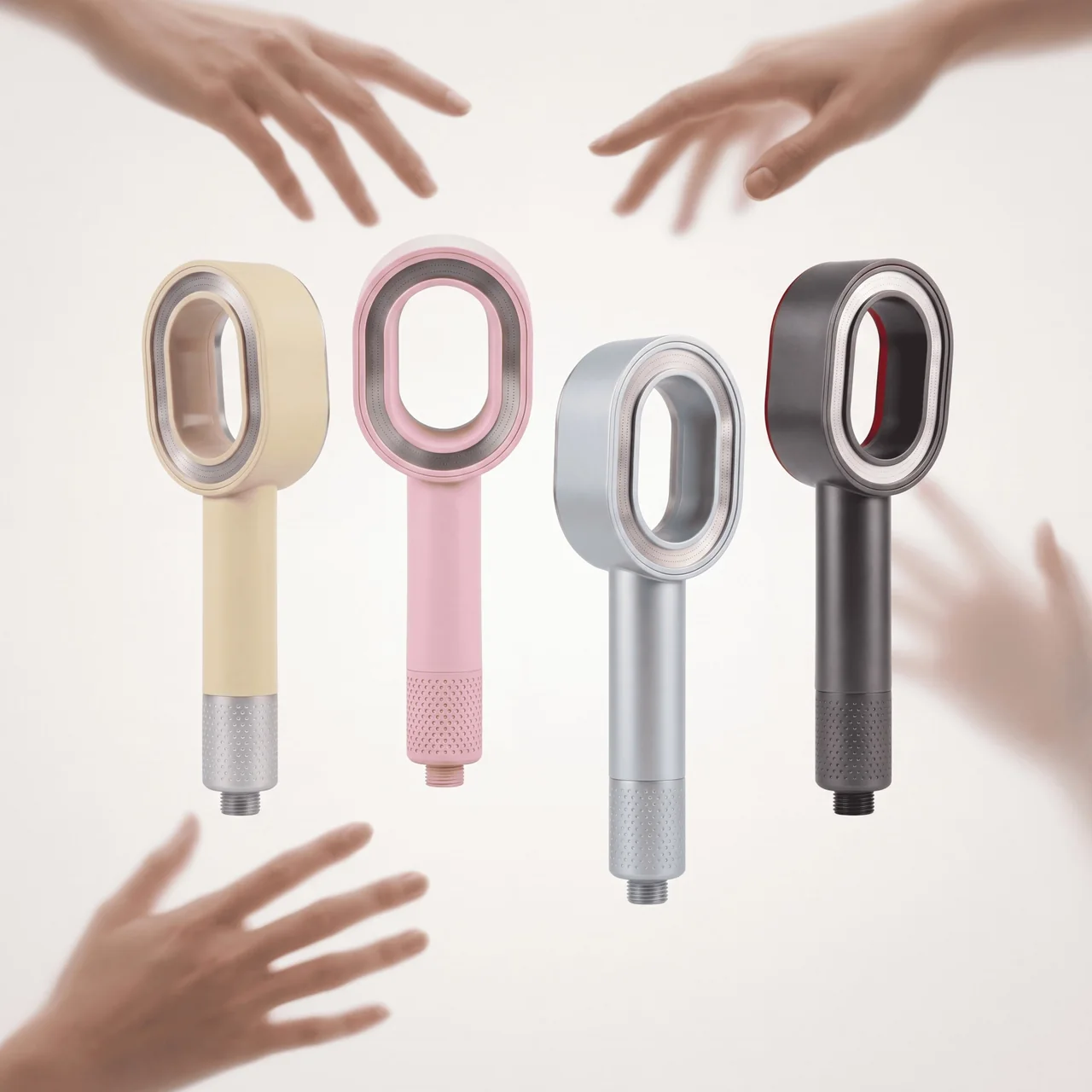 Generated campaign composition showing four shower-head colourways surrounded by reaching hands.