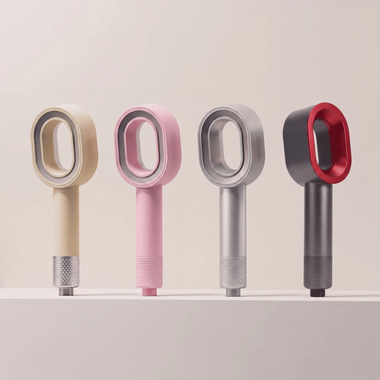 Generated studio line-up of champagne, pink, silver and black-red shower-head colourways.