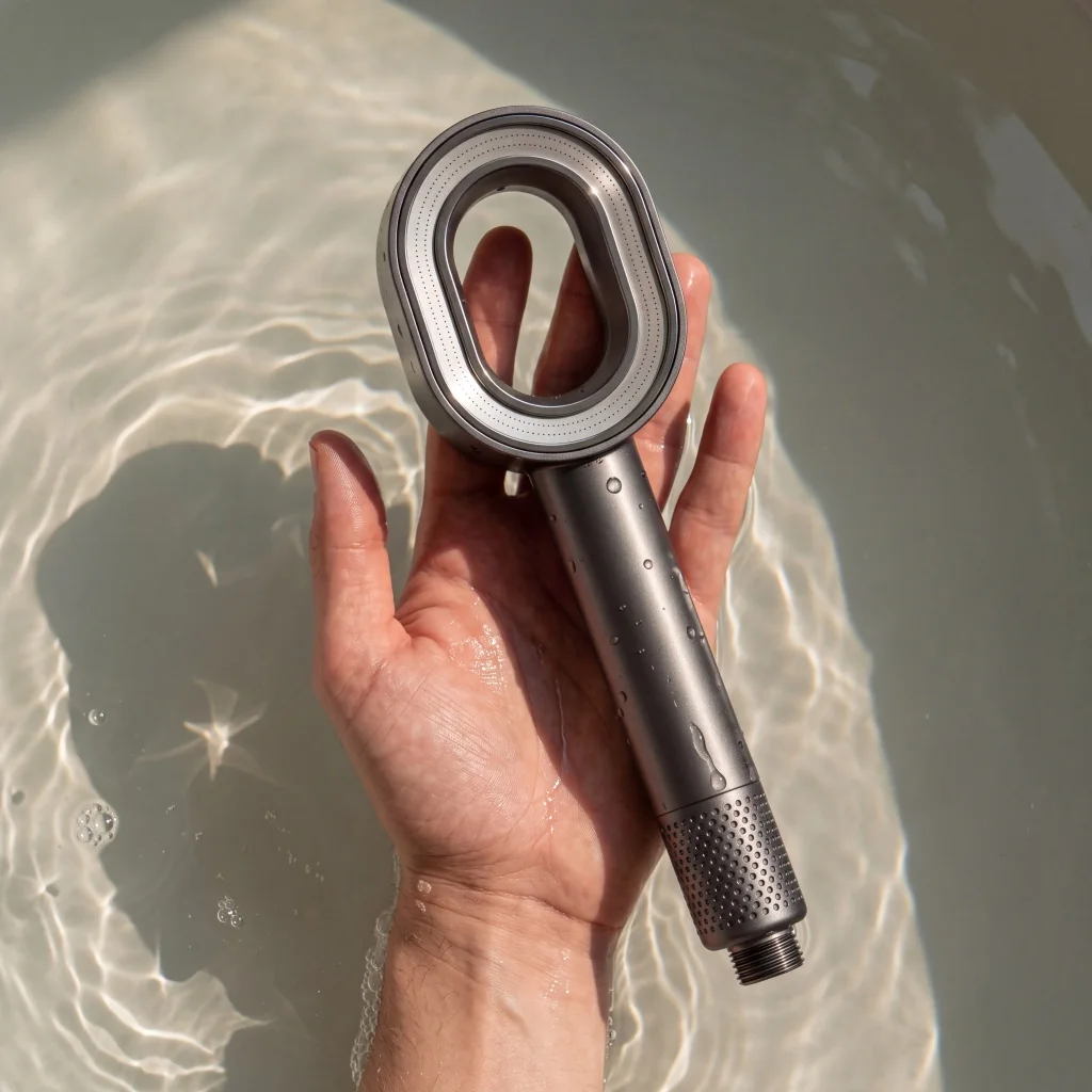 Generated campaign image of a wet hand holding a graphite shower head over water.