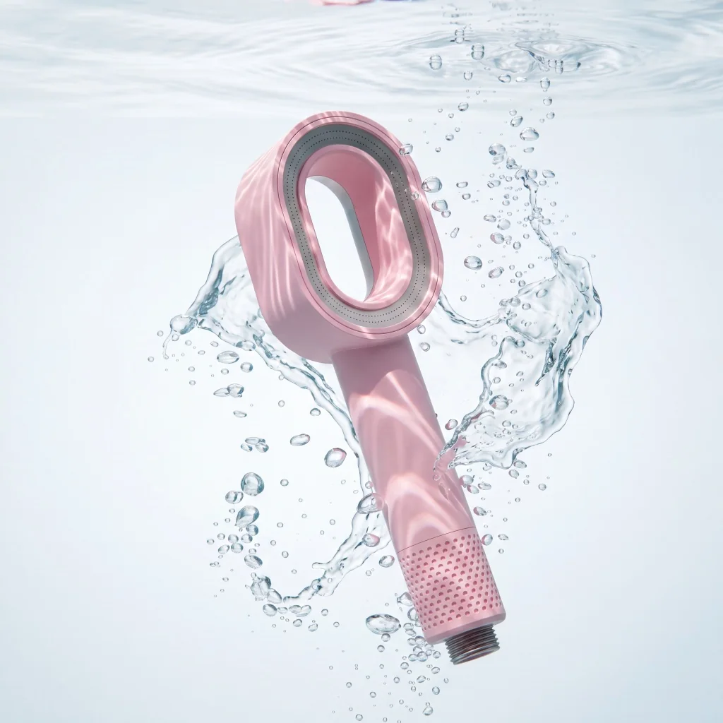 Generated pink filtered shower head surrounded by a water splash.