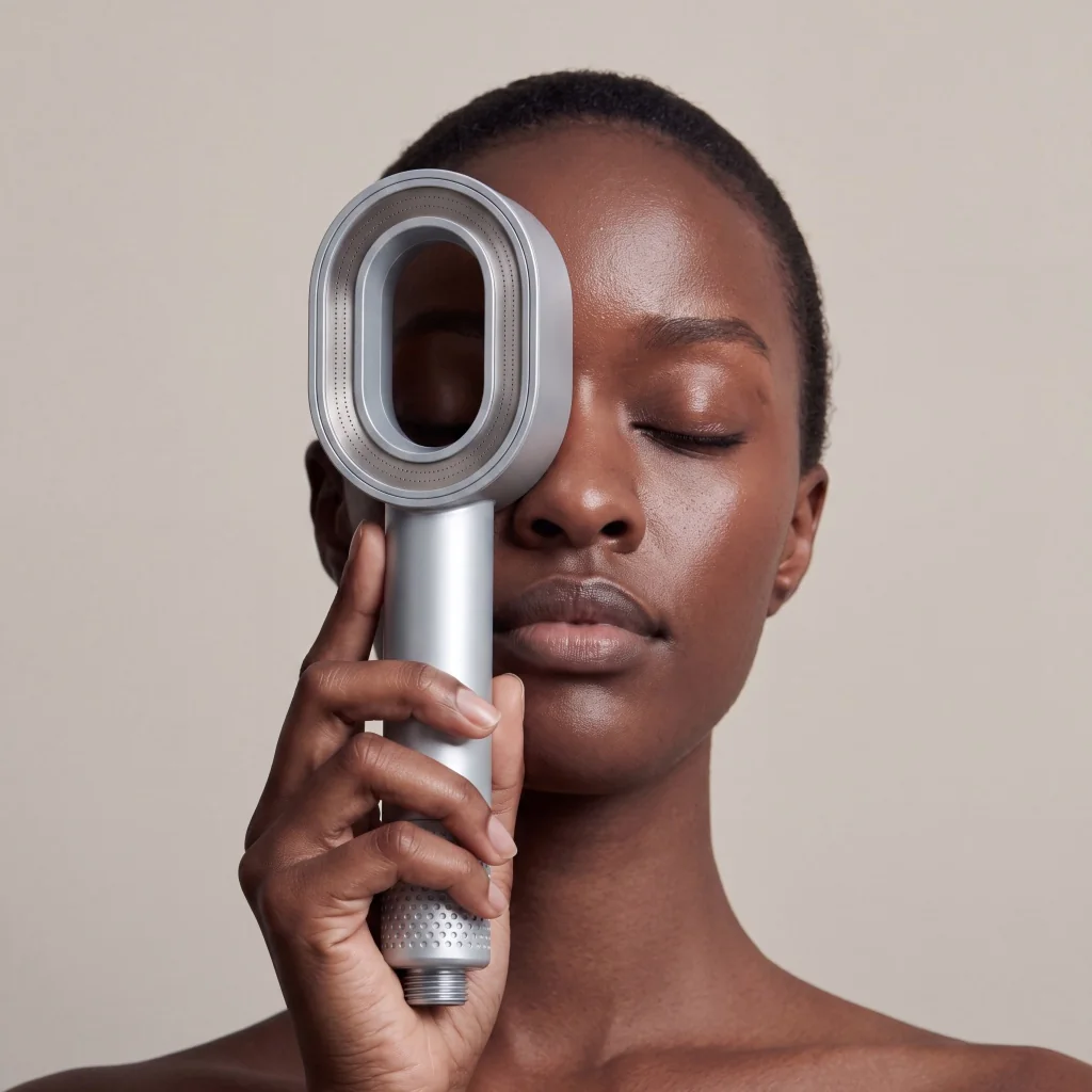 Generated campaign portrait of a model holding a silver filtered shower head beside her face.