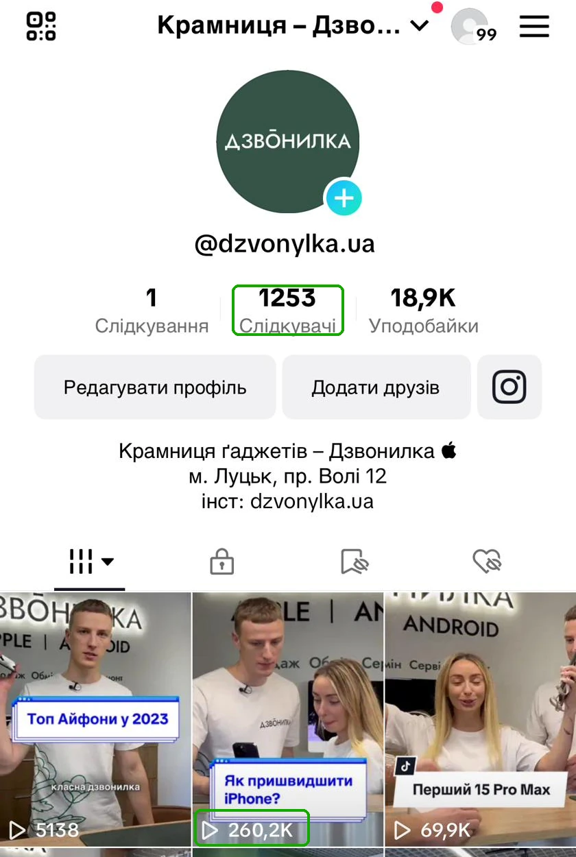 Dzvonylka TikTok profile screenshot highlighting a video with 260.2 thousand views.