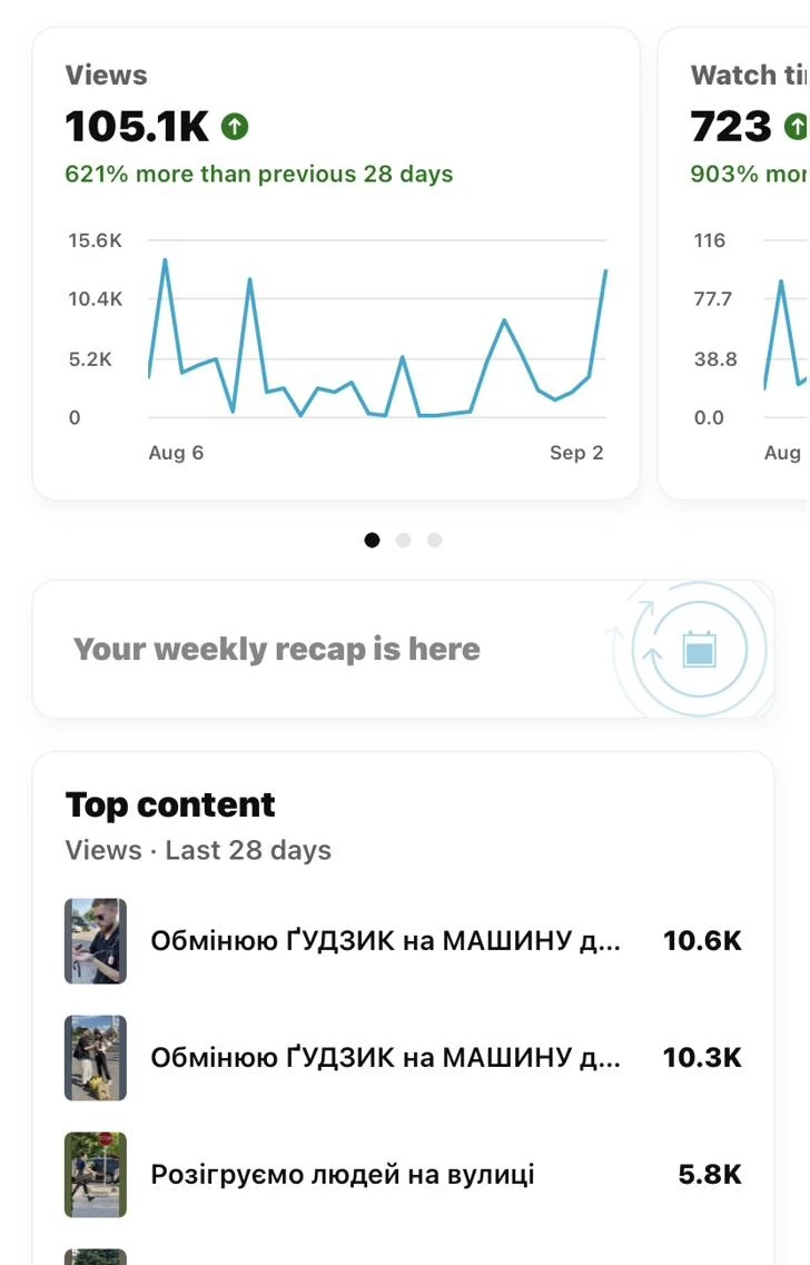 YouTube Studio screenshot showing 105.1 thousand views in 28 days.