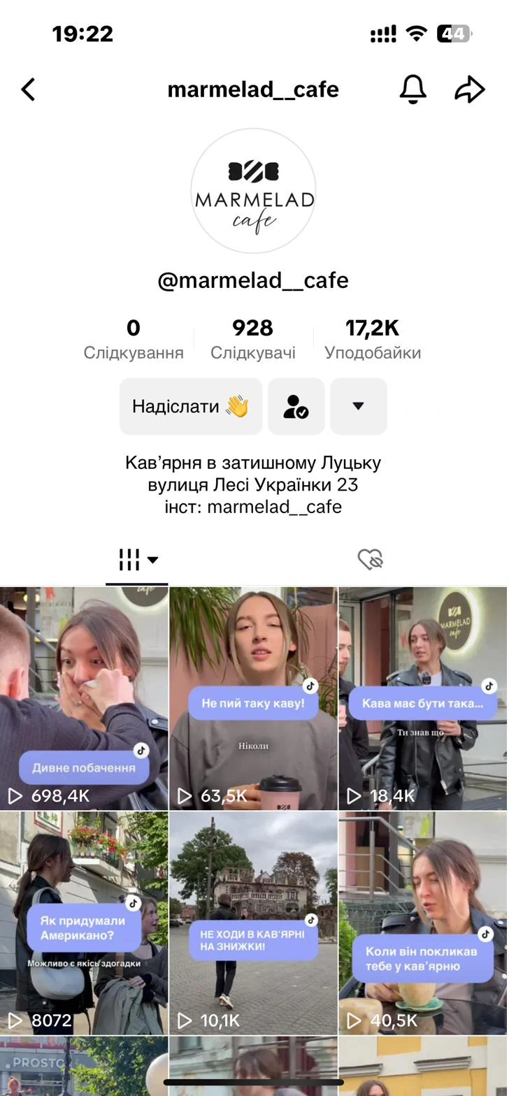 Marmelad Café TikTok screenshot showing 698.4 thousand views on one video.